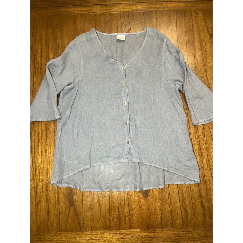 Click by Color Me Cotton Blue 100% Linen Button Front High Low Blouse XL